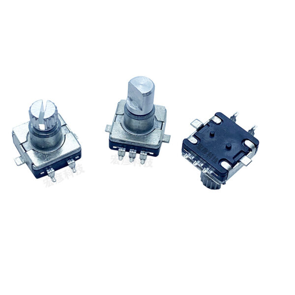 EC11 surface mount encoder is resistant to high temperatures, equipped with a push button switch, a 360 degree rotating volume knob, 20 pulses, and 30 bits